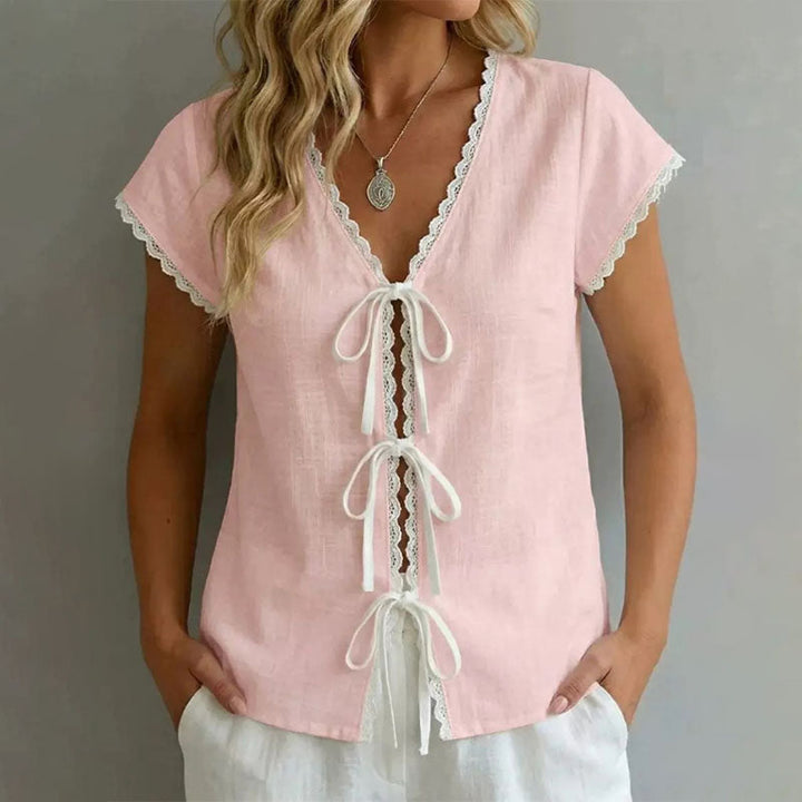 Amelia | Women's Lace Trim Tie-Front Blouse