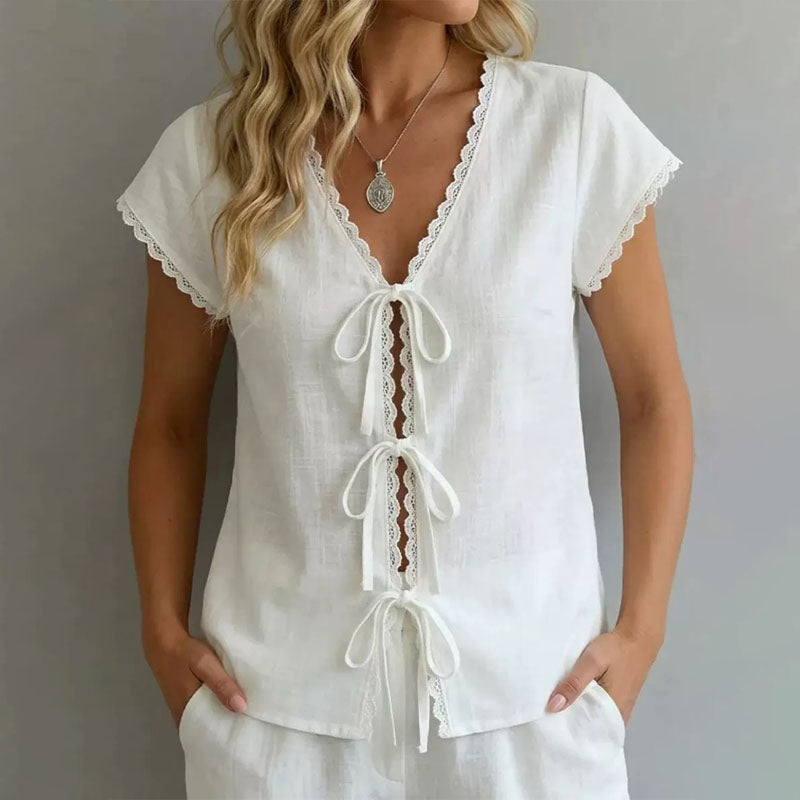 Amelia | Women's Lace Trim Tie-Front Blouse