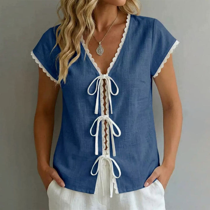 Amelia | Women's Lace Trim Tie-Front Blouse