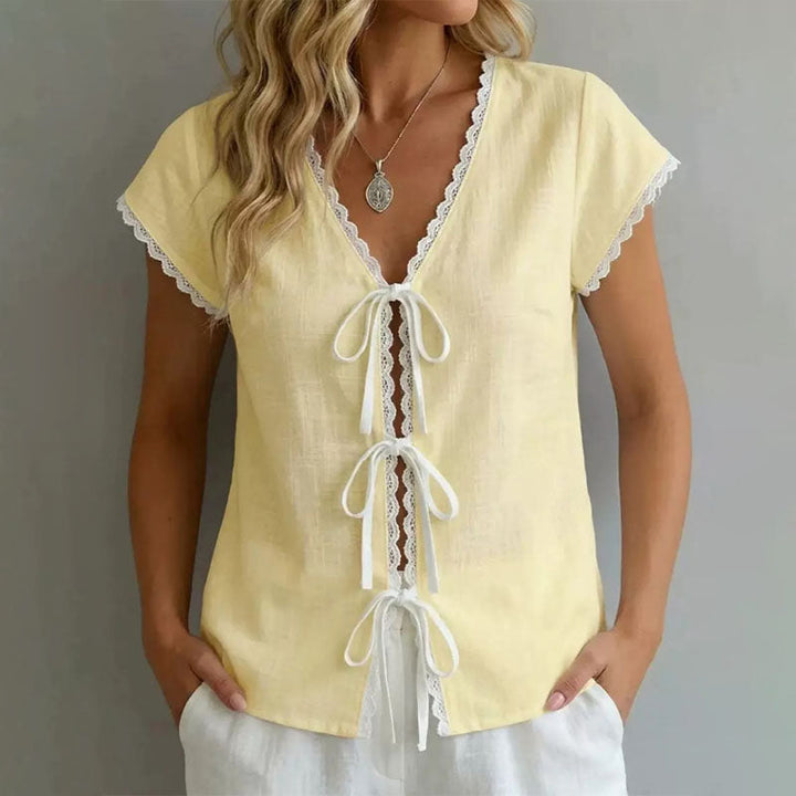 Amelia | Women's Lace Trim Tie-Front Blouse