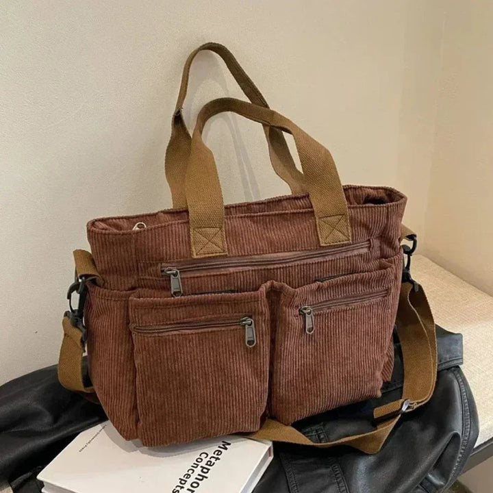 Women's Corduroy Multi-Pocket Convertible Tote Bag