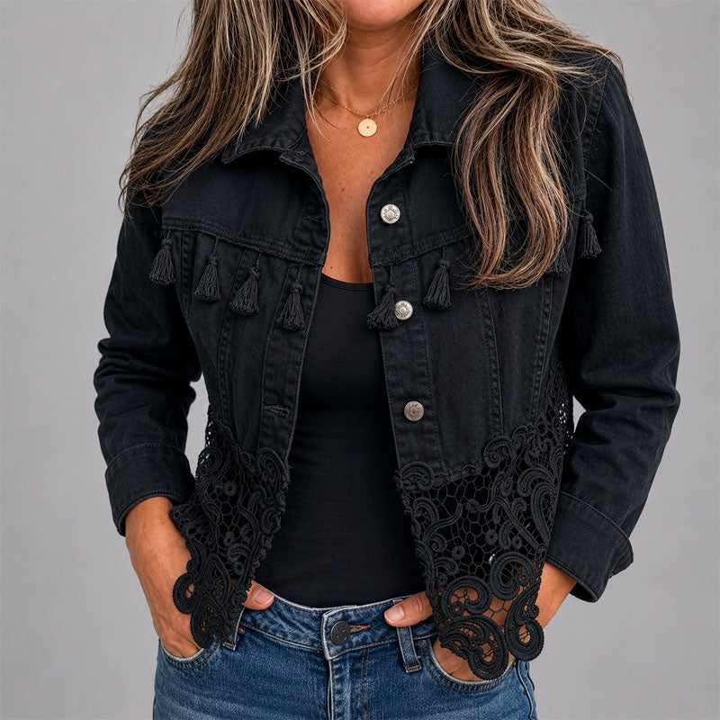 Women's Lace Hem Denim Jacket for Stylish Casual Wear