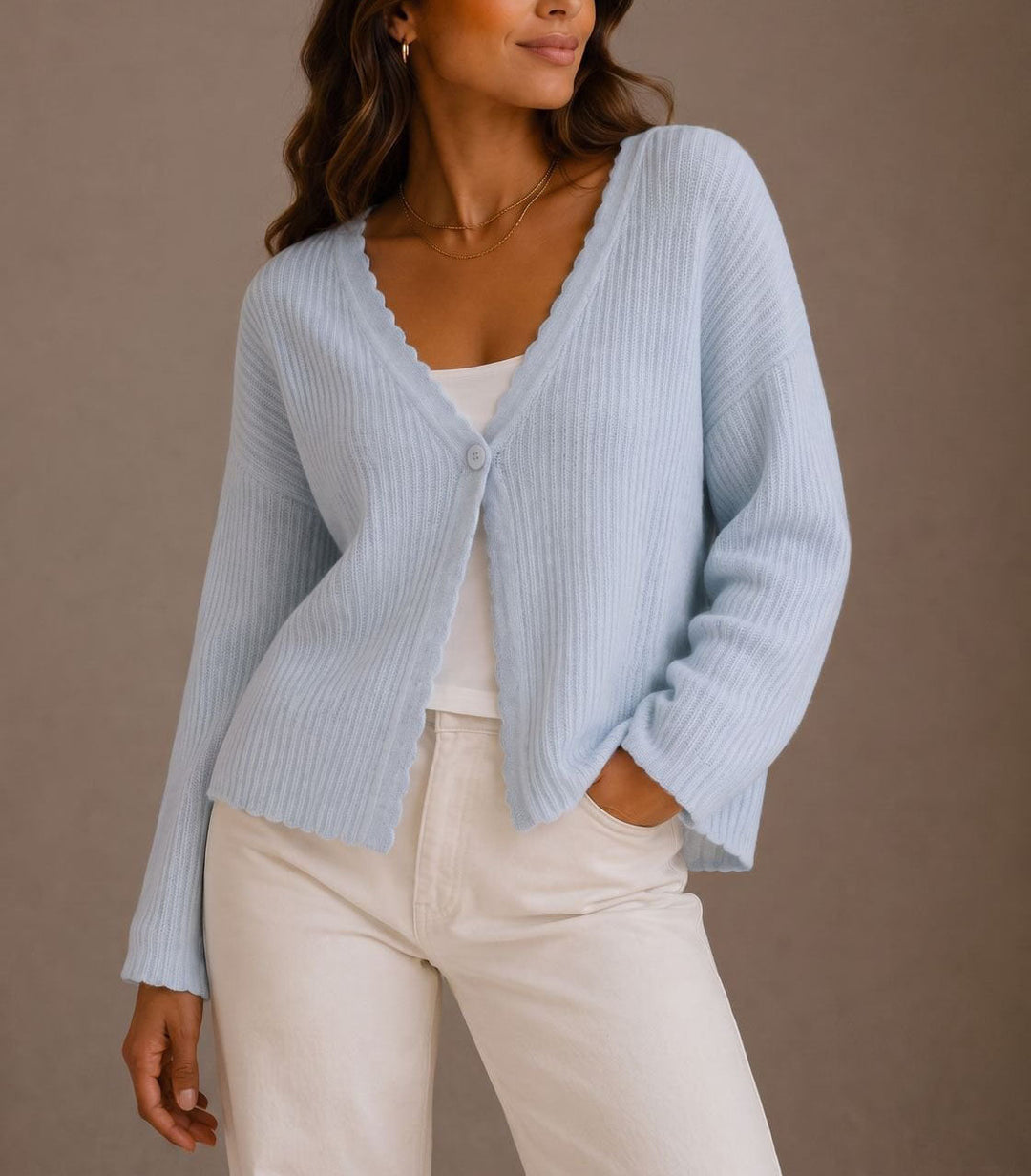 Women's Ribbed Cardigan with Scalloped Trim Design
