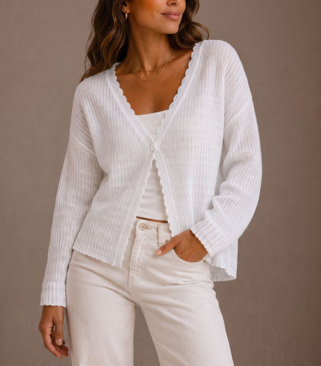 Women's Ribbed Cardigan with Scalloped Trim Design