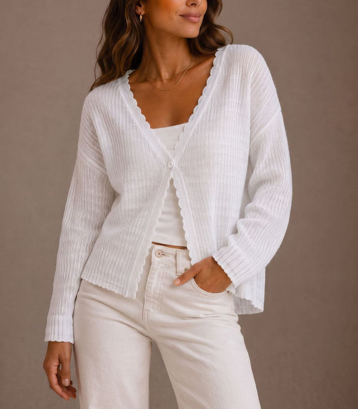 Women's Ribbed Cardigan with Scalloped Trim Design