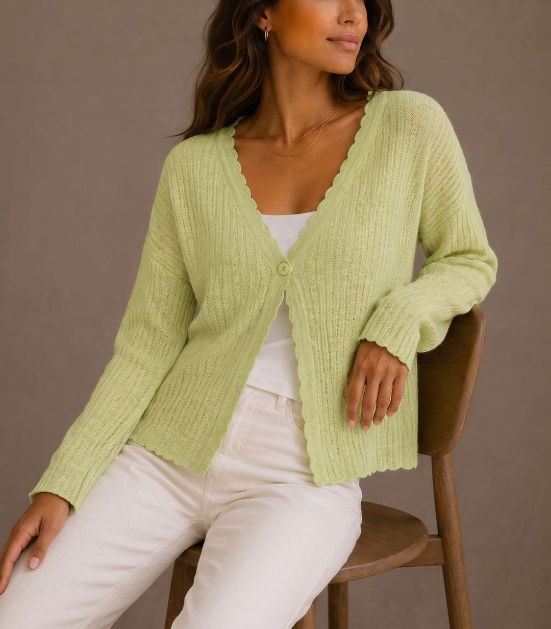 Women's Ribbed Cardigan with Scalloped Trim Design