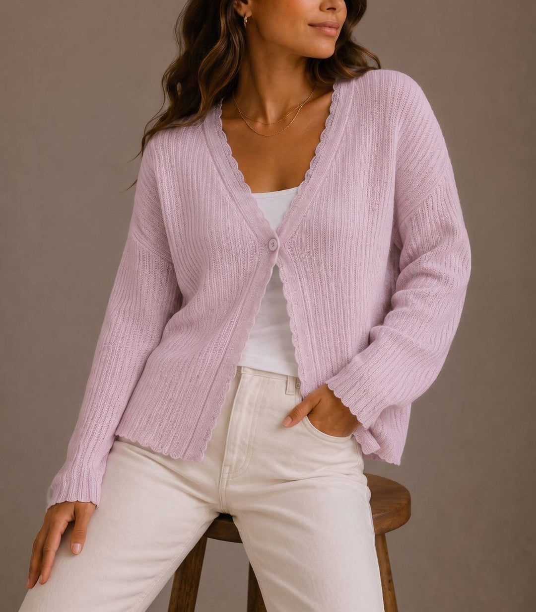 Women's Ribbed Cardigan with Scalloped Trim Design