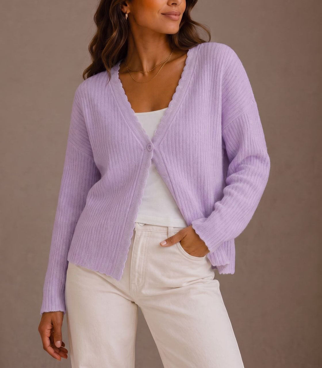 Women's Ribbed Cardigan with Scalloped Trim Design