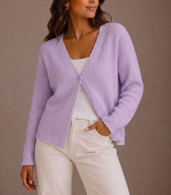 Women's Ribbed Cardigan with Scalloped Trim Design
