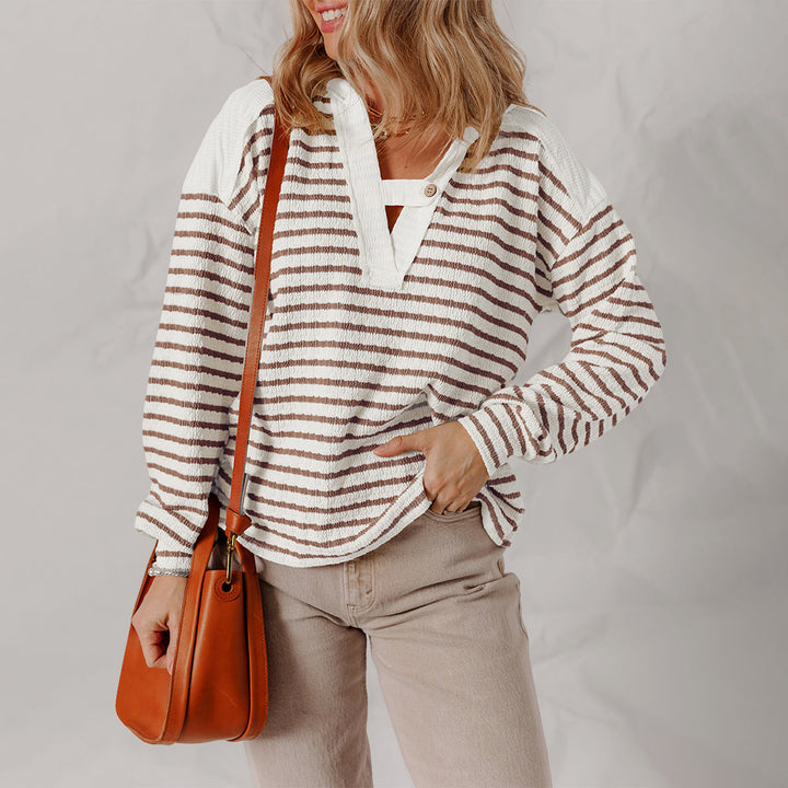 Women's Striped Button-Tab V-Neck Sweater