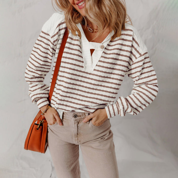 Women's Striped Button-Tab V-Neck Sweater