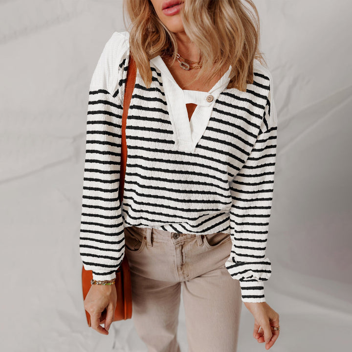 Women's Striped Button-Tab V-Neck Sweater