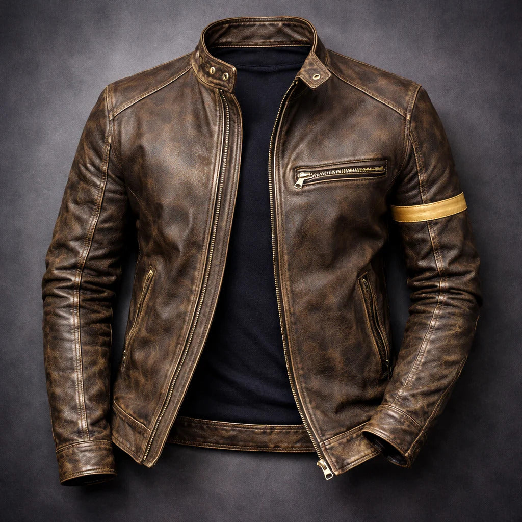 Men's Zip-Up Patina Leather Jacket for Stylish Casual Wear