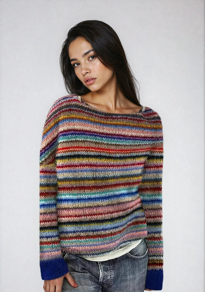 Women's Retro Multi-Striped Relaxed Knit Sweater