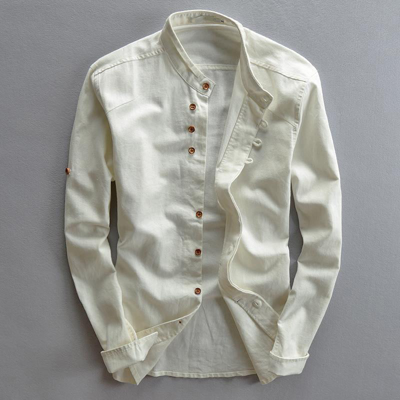 Arthur | Men's Linen Band Collar Button-Up Shirt