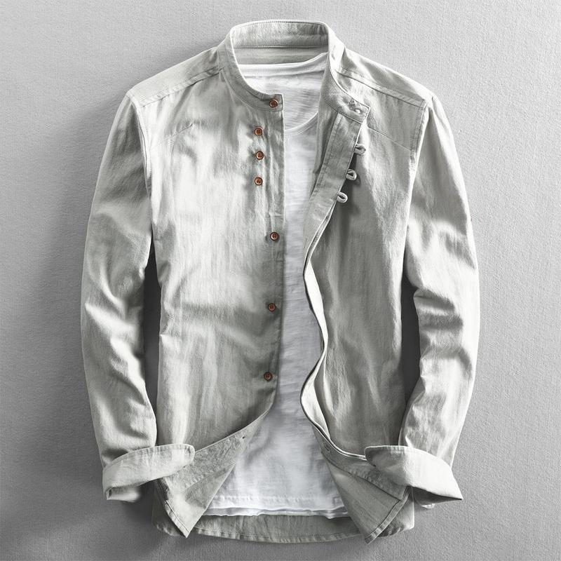 Arthur | Men's Linen Band Collar Button-Up Shirt