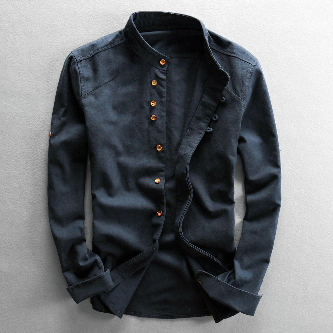 Arthur | Men's Linen Band Collar Button-Up Shirt