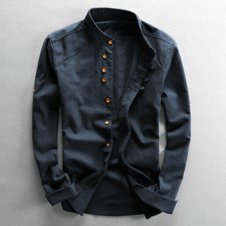 Arthur | Men's Linen Band Collar Button-Up Shirt