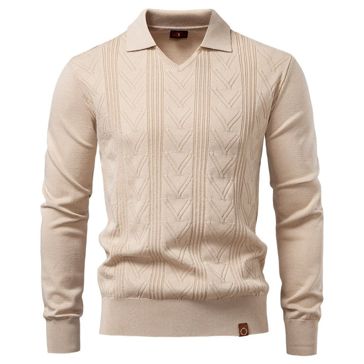 Men's Textured V-Neck Collared Knit Sweater