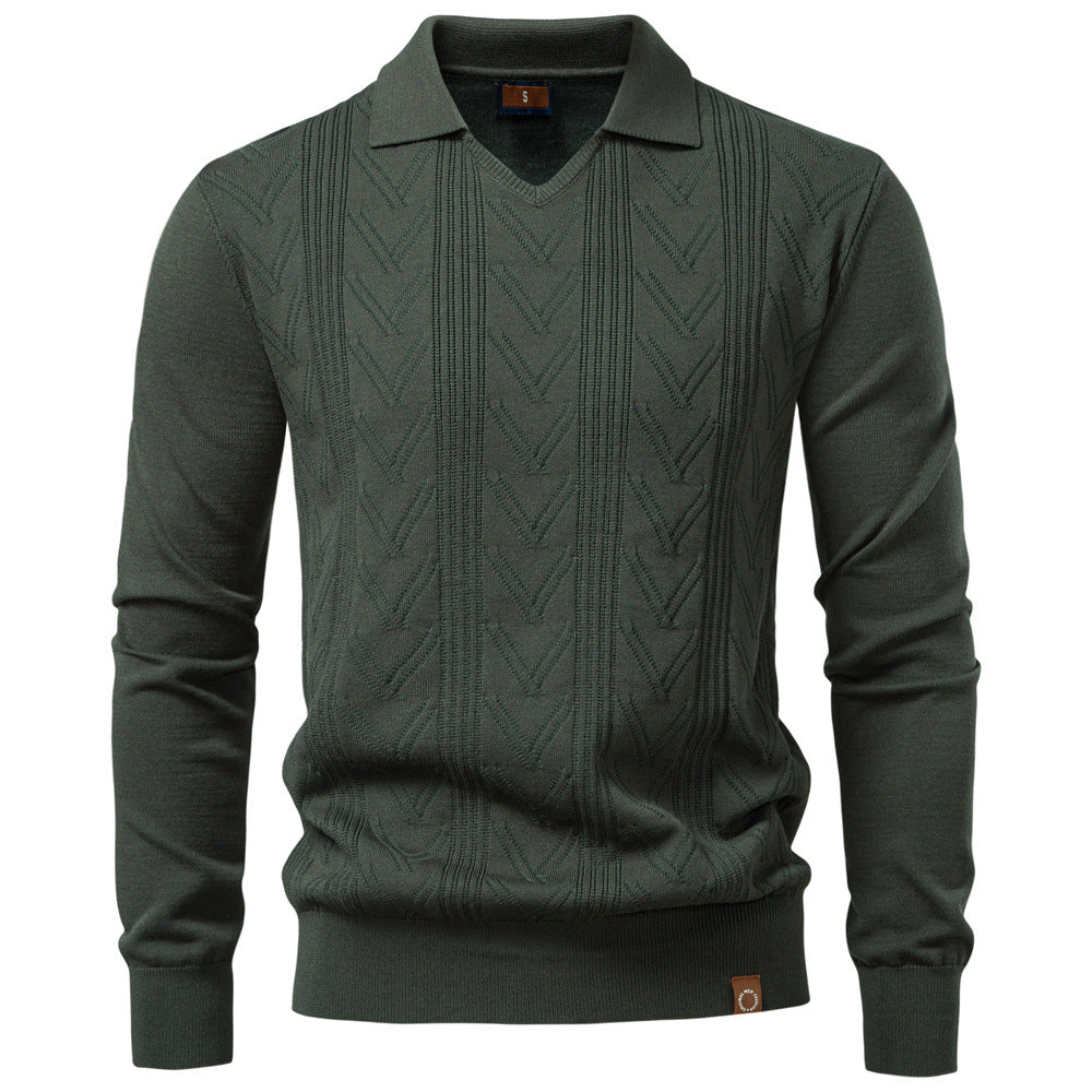 Men's Textured V-Neck Collared Knit Sweater