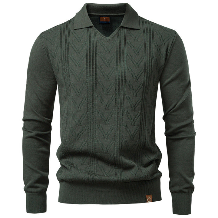 Men's Textured V-Neck Collared Knit Sweater
