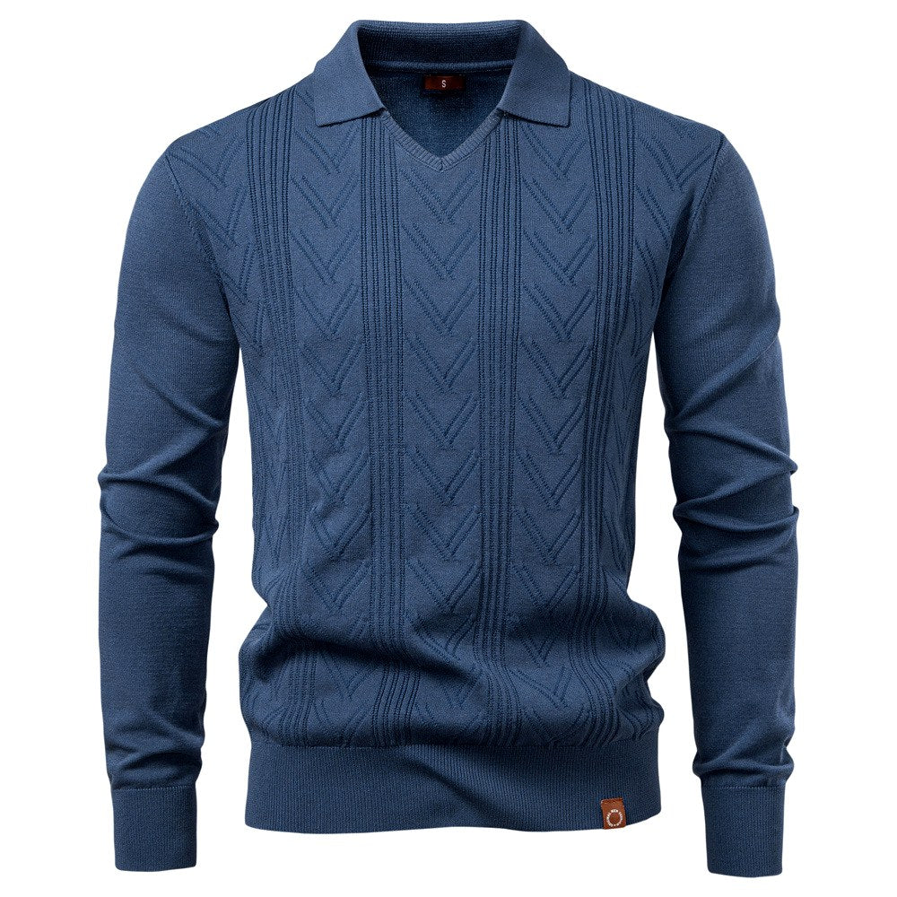 Men's Textured V-Neck Collared Knit Sweater