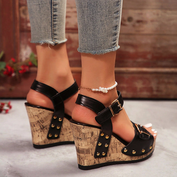 Brittany | Women's Studded Buckled Wedge Sandals