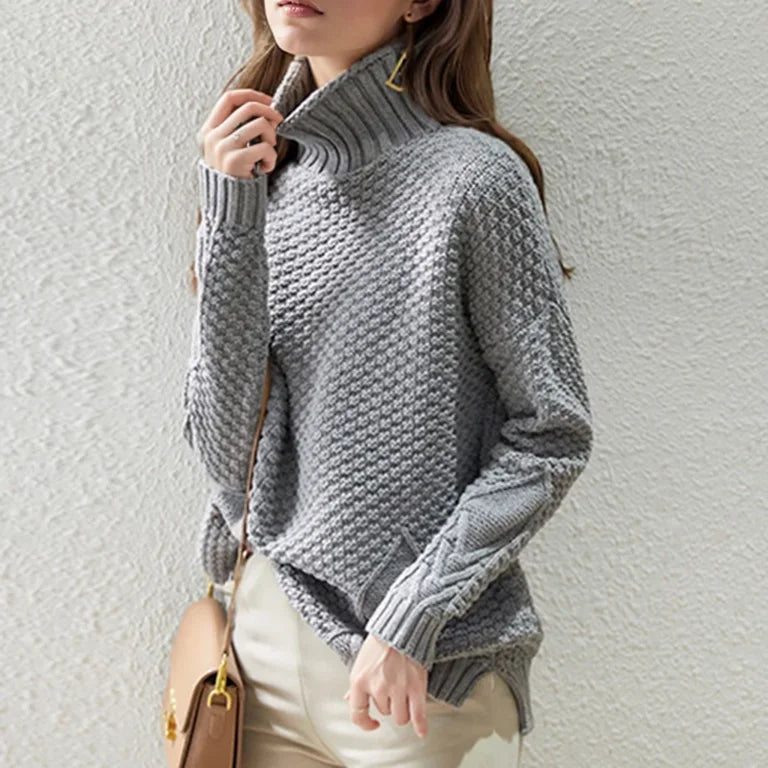 Women's Cozy Drop Shoulder Cable Knit Turtleneck Sweater