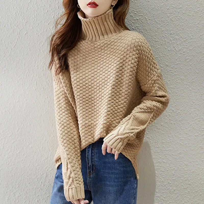 Women's Cozy Drop Shoulder Cable Knit Turtleneck Sweater
