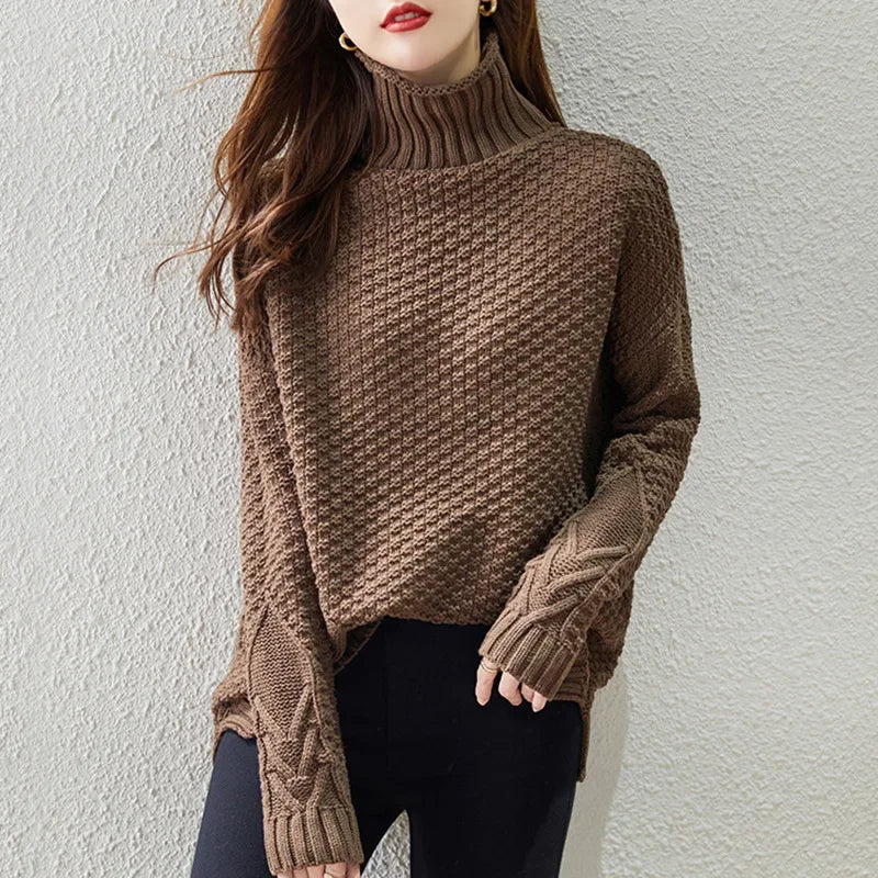 Women's Cozy Drop Shoulder Cable Knit Turtleneck Sweater