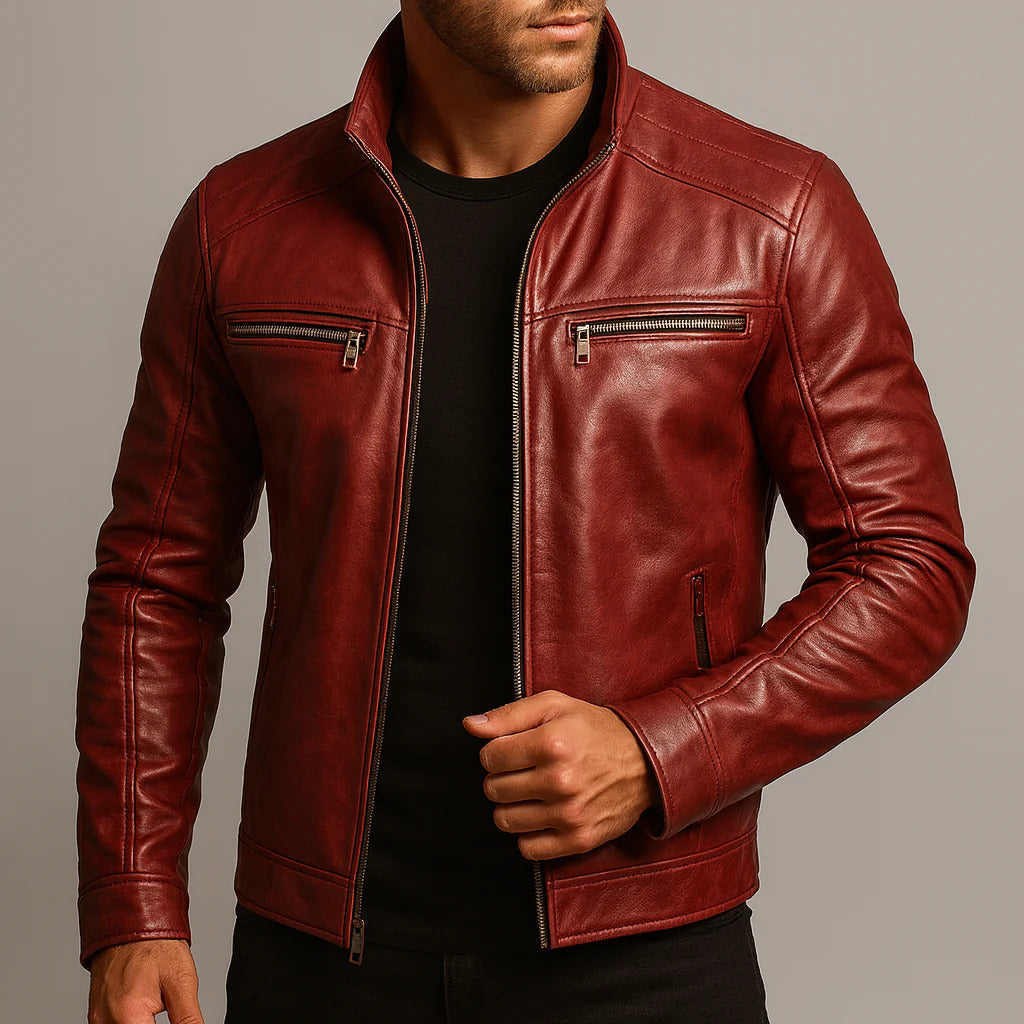 Men's Zip-Up Leather Jacket with Chest Pockets