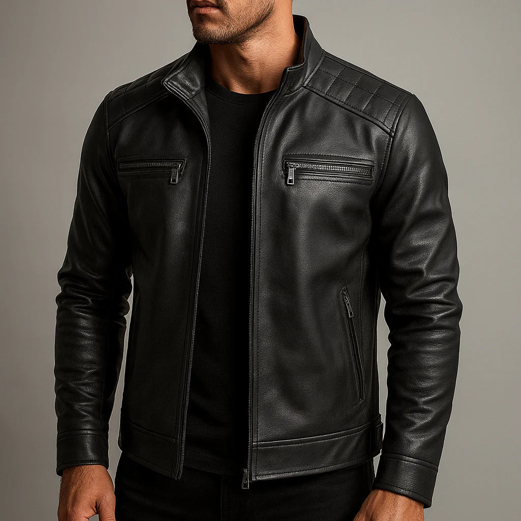 Men's Zip-Up Leather Jacket with Chest Pockets