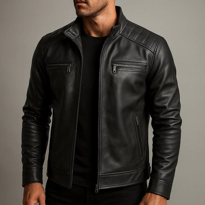 Men's Zip-Up Leather Jacket with Chest Pockets