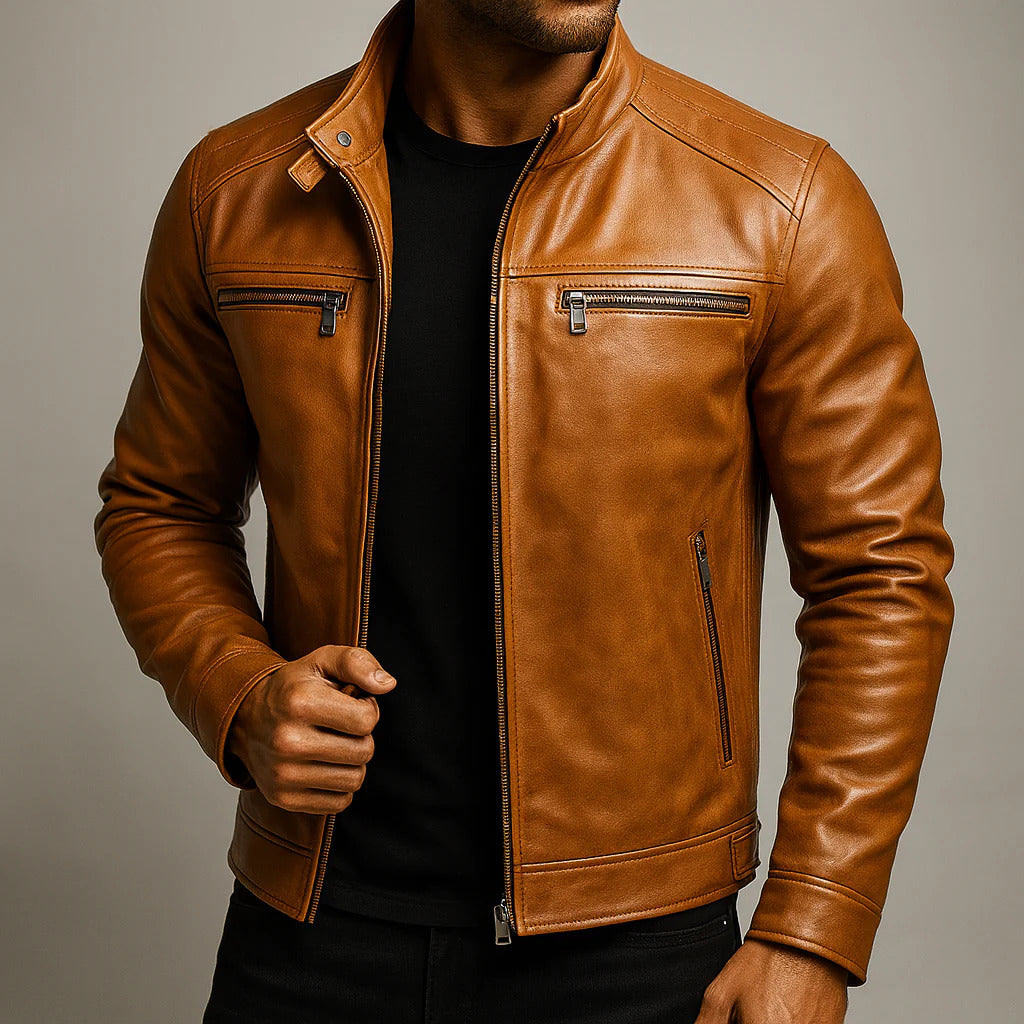 Men's Zip-Up Leather Jacket with Chest Pockets