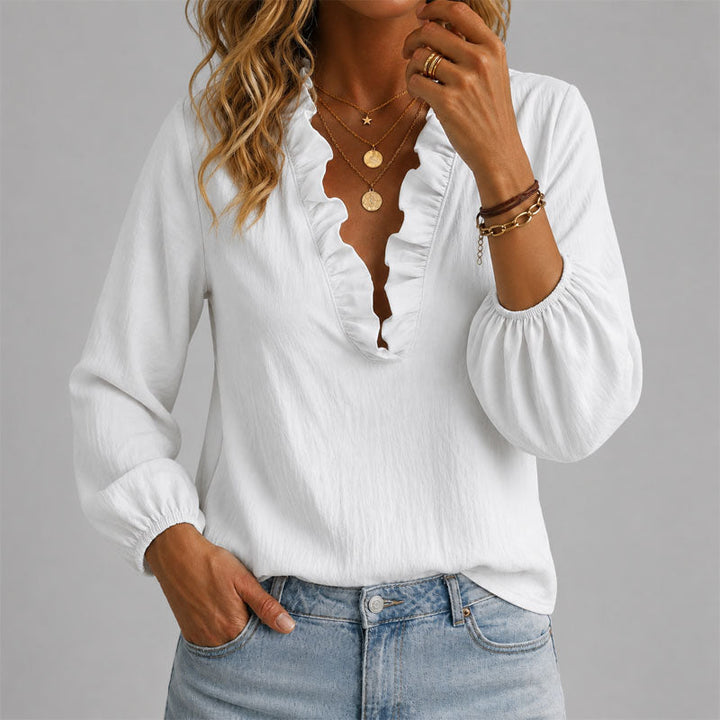 Caitlin | Women's Ruffle Trim V-Neck Top Blouse