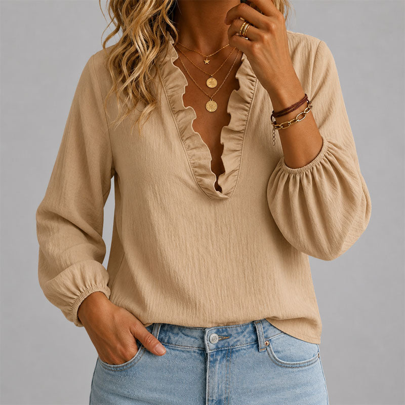 Caitlin | Women's Ruffle Trim V-Neck Top Blouse