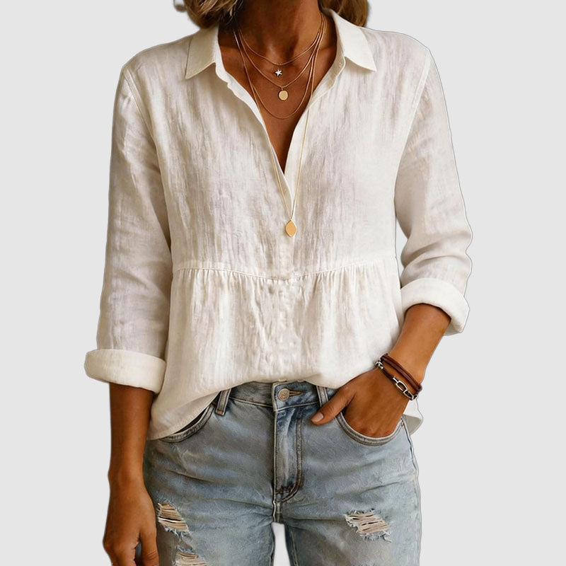 Camille | Women's Long Sleeve Cotton V-Neck Blouse