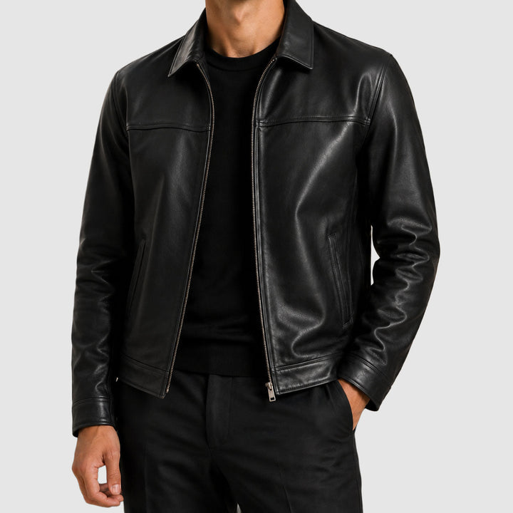 Men's Zip-Front Leather Jacket with Pointed Collar
