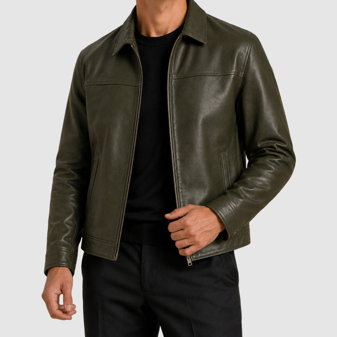 Men's Zip-Front Leather Jacket with Pointed Collar