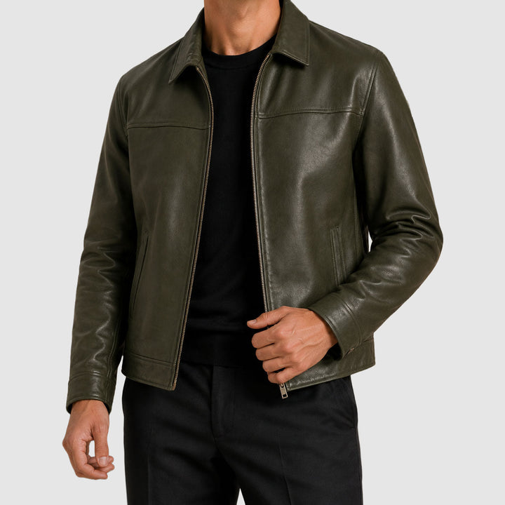 Men's Zip-Front Leather Jacket with Pointed Collar