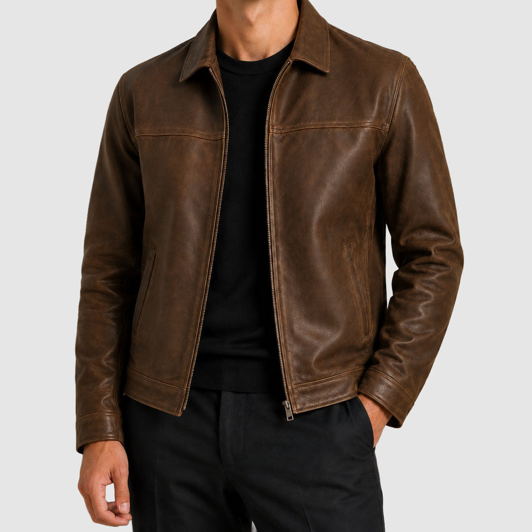 Men's Zip-Front Leather Jacket with Pointed Collar