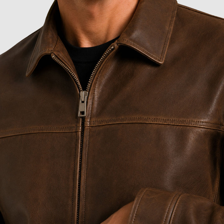 Men's Zip-Front Leather Jacket with Pointed Collar