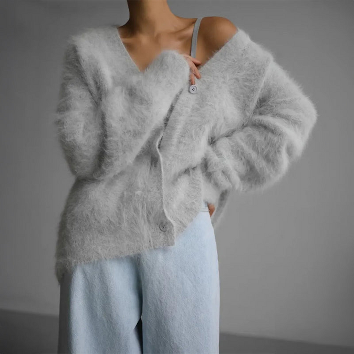 Women's Fuzzy V-Neck Oversized Cardigan Sweater
