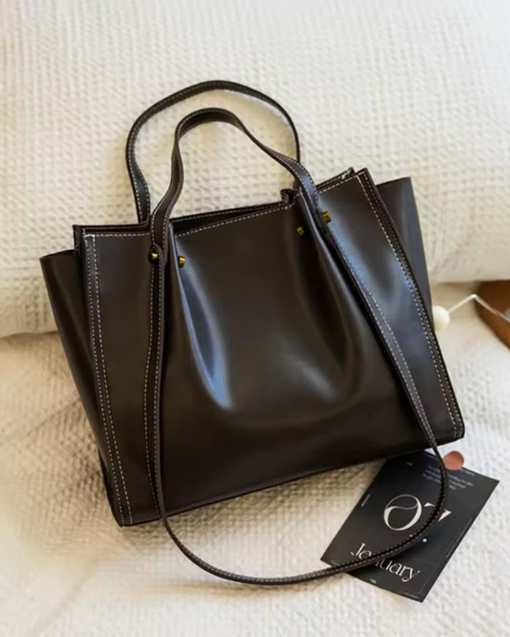 Women's Minimalist Contrast-Stitch Vegan Leather Tote Bag