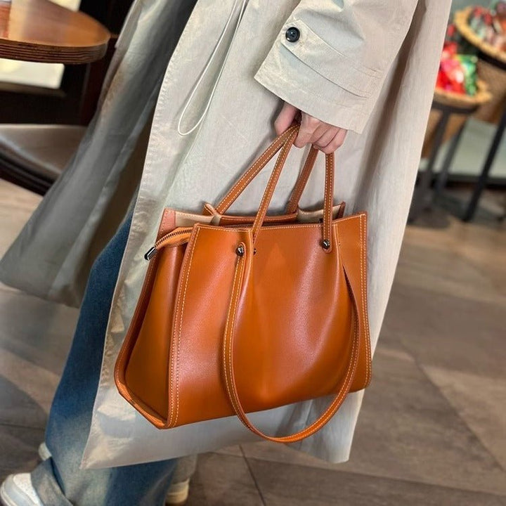 Women's Minimalist Contrast-Stitch Vegan Leather Tote Bag