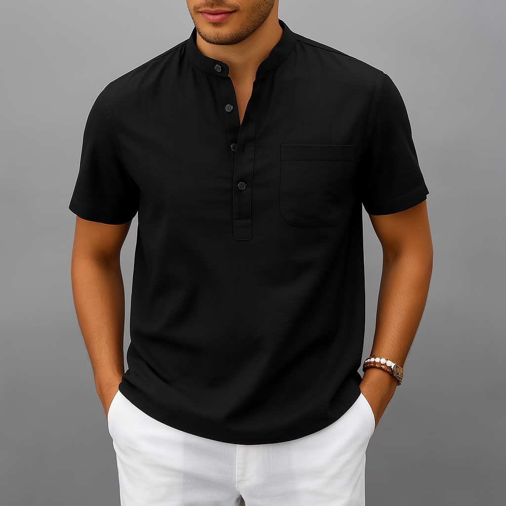 Men's Linen Henley Band Collar Summer Shirt