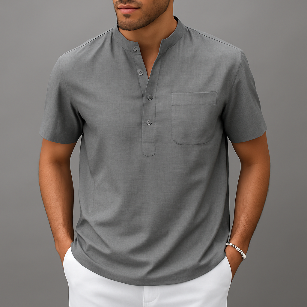 Men's Linen Henley Band Collar Summer Shirt