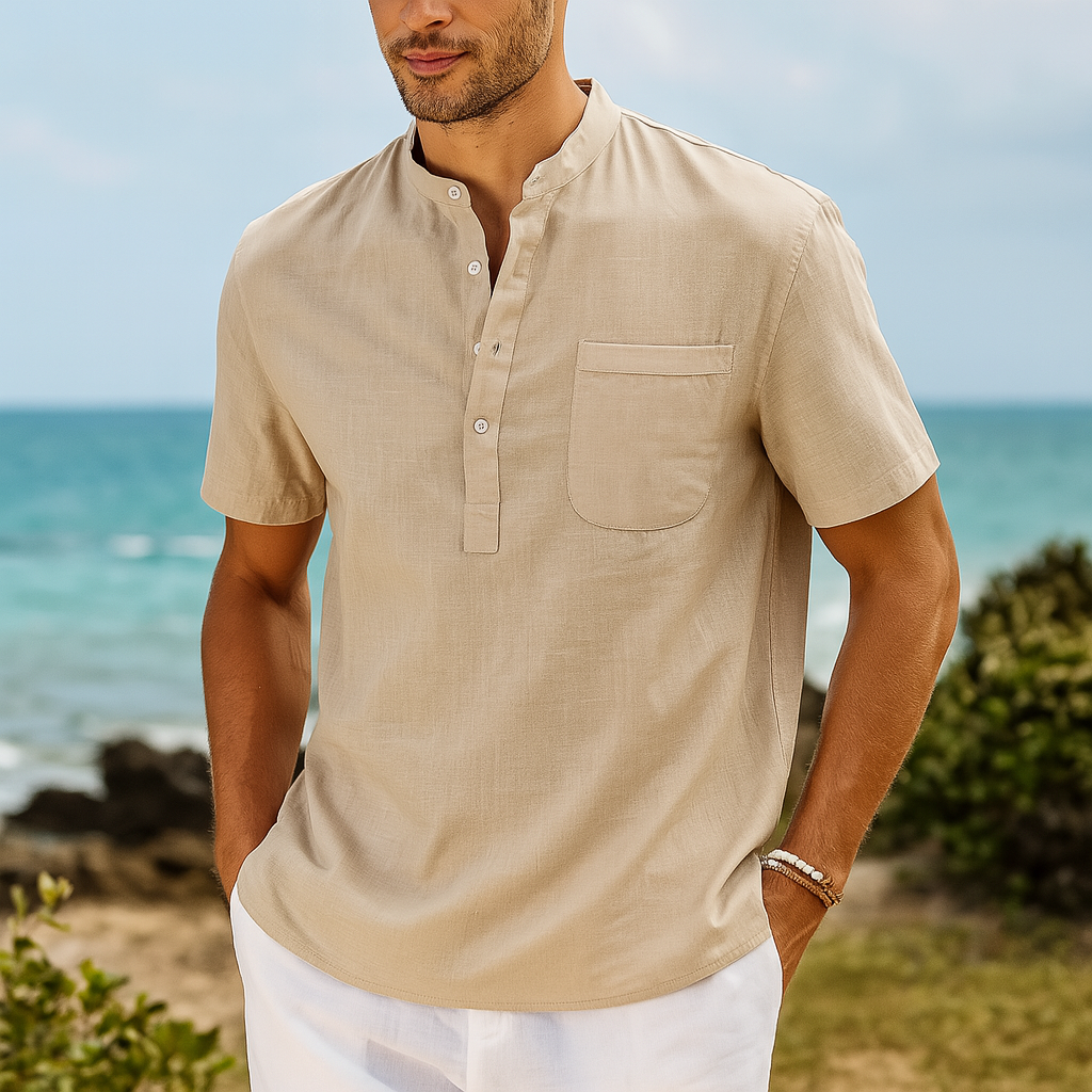 Men's Linen Henley Band Collar Summer Shirt