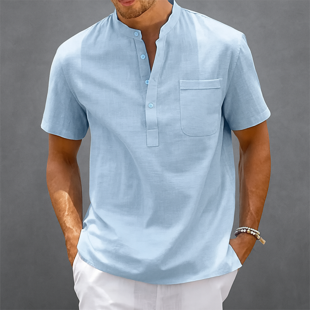 Men's Linen Henley Band Collar Summer Shirt
