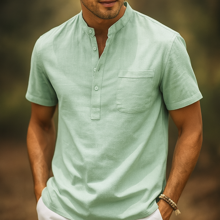 Men's Linen Henley Band Collar Summer Shirt